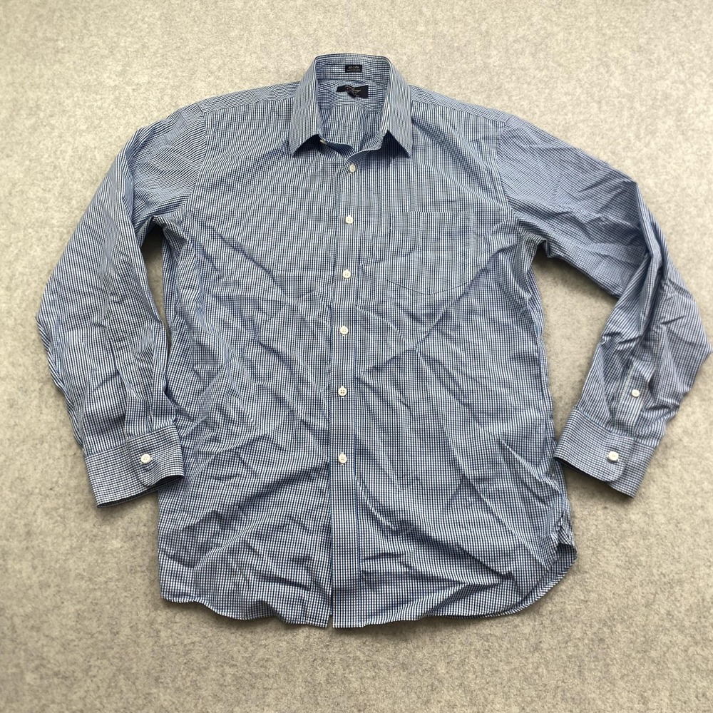 J Crew Shirt Mens XL 17-17.5 Blue Gingham Wrinkle Free Long Sleeve Dress